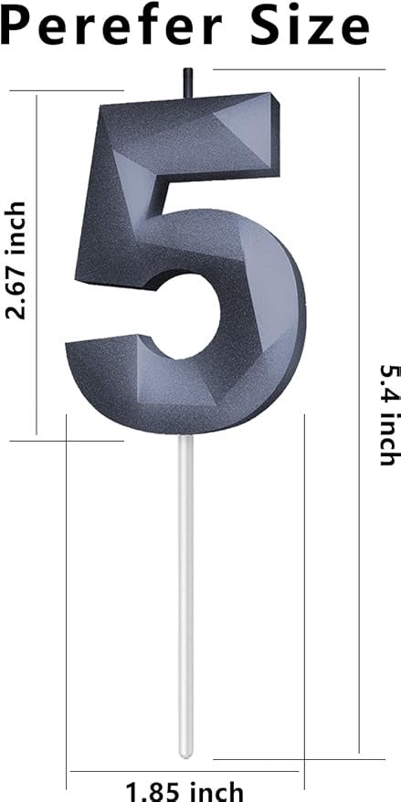 Number Birthday Candles(5 Candle Black) 3D Diamond Shape 5th Happy Birthday Cake Topper Decorations for Boy Men Birthday Wedding Anniversary Celebration Theme Party Supplies