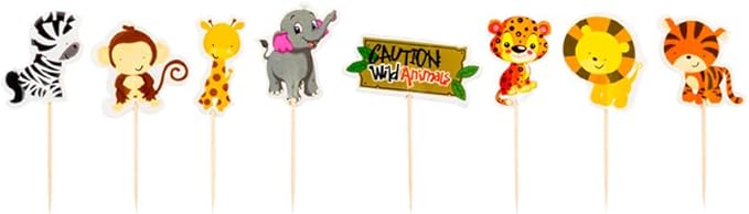 Restaurantware-3.5 x 2.5 Inch Safari Animal Cake Toppers, 24 Piece Assorted Jungle Cupcake Toppers - For Kids' Birthday Parties Or Baby Showers, Cake Decoration Supplies, Paper Zoo Cupcake Picks