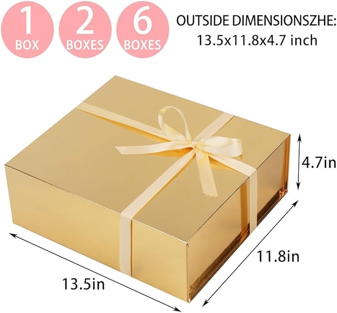UoeRing 2 Pack Gold Gift Box Large 13.5x11.8x4.7 inch Luxury Gift Box for Presents with Magnetic Closure Lid Collapsible,Birthday,Contains Card, Ribbon, Tissue Paper,Shredded Paper Filler