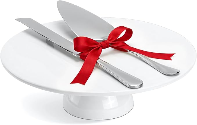 10 Inch Porcelain Cake Stand with Knife and Server Set, White Round Dessert Stand for Cakes Under 10”, Stable Base Cake Display for Birthday, Wedding, Party & Home Baking