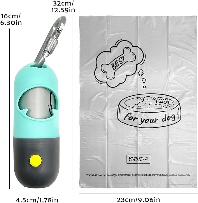 Dog Poop Bags Holder with LED Flashlight|Pet Waste Bags Dispenser for Leash|Doggie Potty Bags Container with Leak-proof Pet Trash Bags and Accessories (1 Holder 195 Bags, Mint Green)
