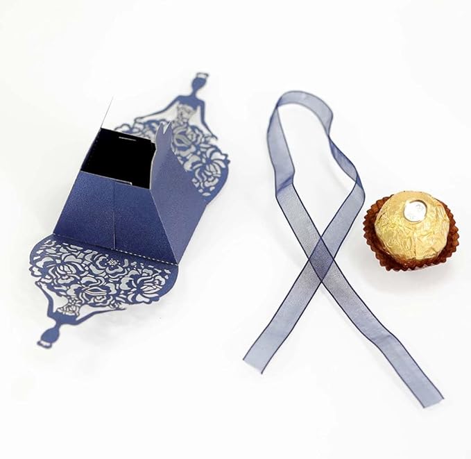 Steedna 50 Pack Bride Pattern Chocolate Gift Box Sector Pearl Paper Hollow Out Small Gift Box Wedding Dress Laser Cut with Ribbons Candy Boxes Party Favors Chocolate Box (Magic Blue)