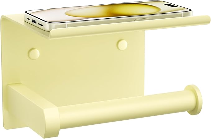 Tindbea Toilet Paper Holder with Phone Shelf, Adhesive or Screw Wall Mount Toilet Tissue Roll Holder, Rustproof & Multifunctional Stainless Steel Bathroom Storage Dispenser (Sunlight Yellow)