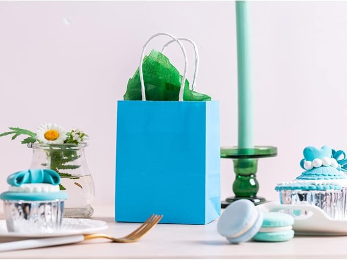 AWELL Small Blue Paper Bags with Handle - Party Favours for Wedding, Birthday, Baby Shower & Gender Reveal - Recycled Pack of 24 (6x4.5x2.5 inch)