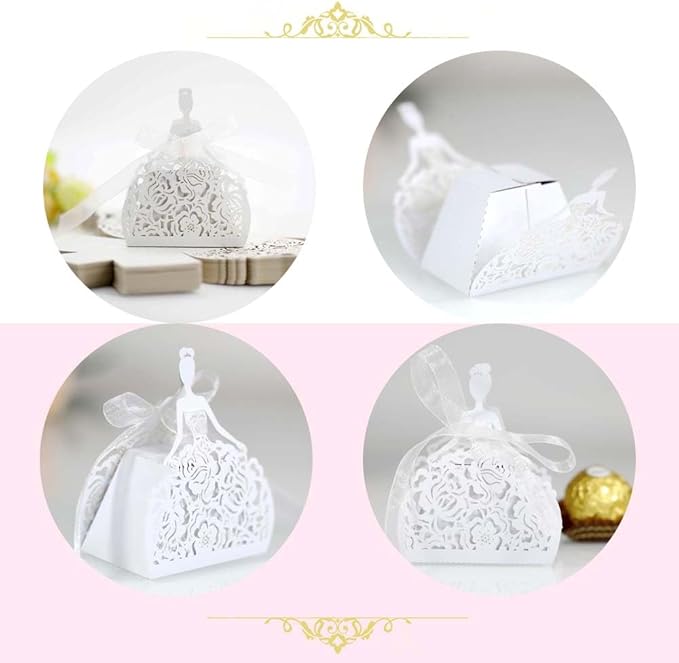 Steedna 50 Pack Bride Pattern Chocolate Gift Box Sector Pearl Paper Hollow Out Small Gift Box Wedding Dress Laser Cut with Ribbons Candy Boxes Party Favors Chocolate Box (White)