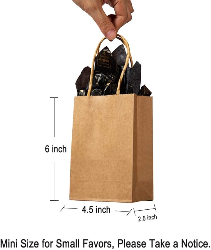 AWELL Mini Size Kraft Paper Bag with Handle Party Favours Bag 6x4.5x2.5 inch for Wedding Birthday Baby Shower Recycled Bag, Pack of 24