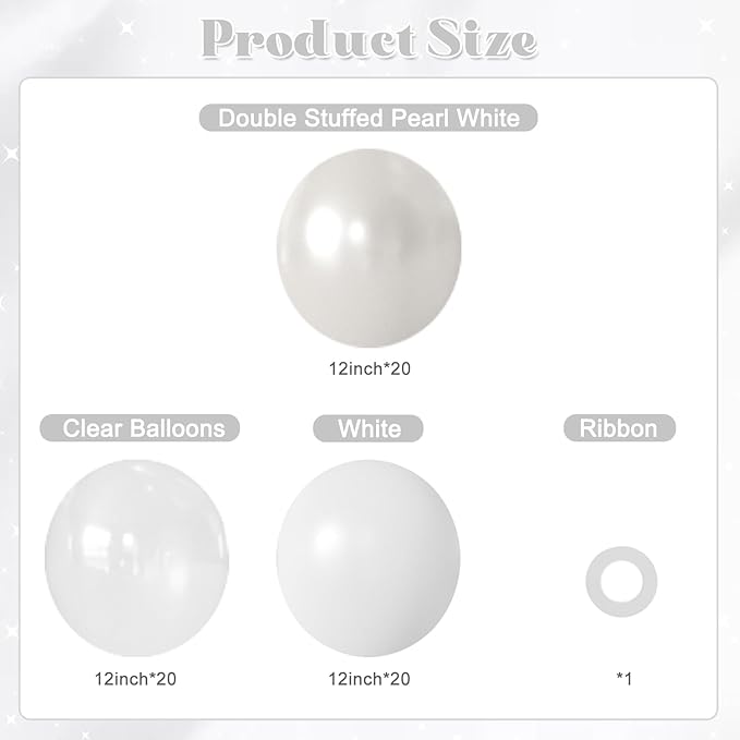 Pearl White Balloons, 60Pcs 12Inch Double Stuffed White Clear Balloons for Wedding Bridal Shower Baby Shower Engagement Birthday Party Decorations
