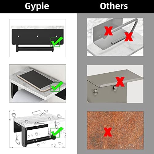 Gypie Marble Toilet Paper Holder with Shelf, Wall Mounted Matte Black
