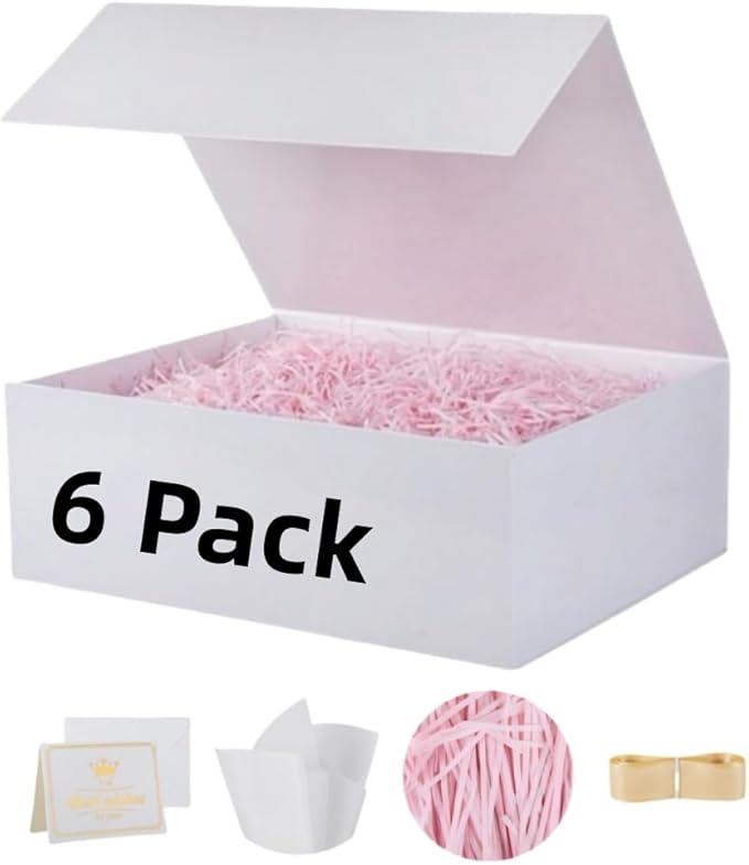 UoeRing 6 Pack White Gift Box Large 13.5x11.8x4.7 inch Luxury Bridesmaid Proposal Box for Presents with Magnetic Closure Lid Collapsible,Contains Card, Ribbon, Tissue Paper,Shredded Paper Filler