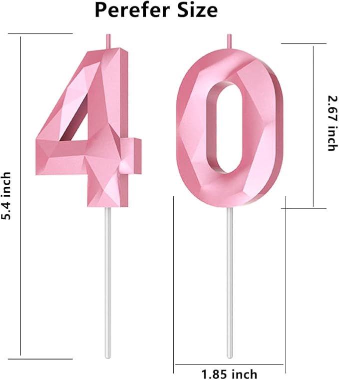 Number Birthday Candles(40 Candle Pink) 3D Diamond Shape 40th Happy Birthday Cake Topper Decorations for Women Men Birthday Wedding Anniversary Celebration Theme Party Supplies
