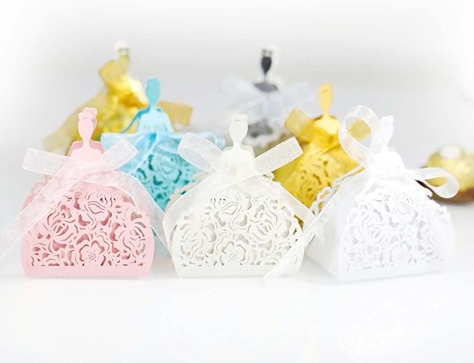 Steedna 50 Pack Bride Pattern Chocolate Gift Box Sector Pearl Paper Hollow Out Small Gift Box Wedding Dress Laser Cut with Ribbons Candy Boxes Party Favors Chocolate Box (Ivory)