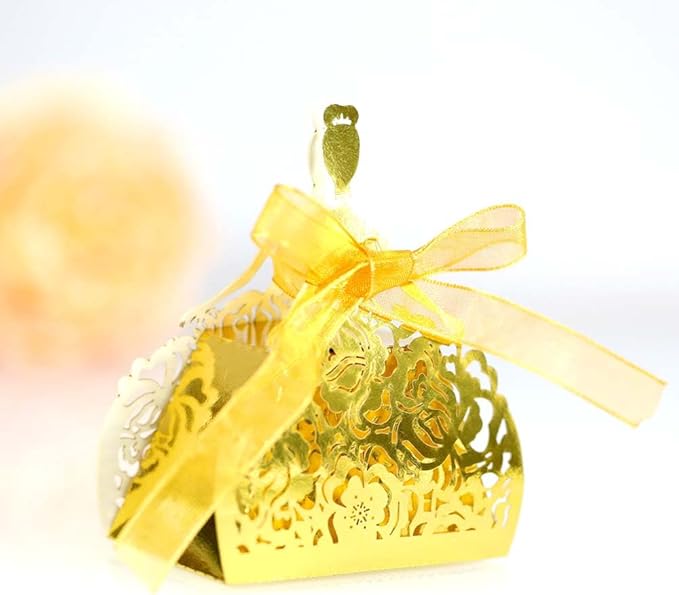 Steedna 50 Pack Bride Pattern Chocolate Gift Box Sector Pearl Paper Hollow Out Small Gift Box Wedding Dress Laser Cut with Ribbons Candy Boxes Party Favors Chocolate Box (Ref-Gold)