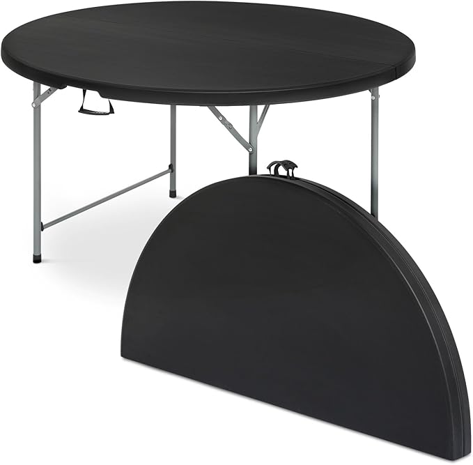 OS MOTOR 5.5ft Round Folding Table with Carry Handle, Portable Heavy Duty Plastic Utility Table with Steel Legs for Party, Wedding, Camping, Indoor, Outdoor Event, 66 Inch, Black