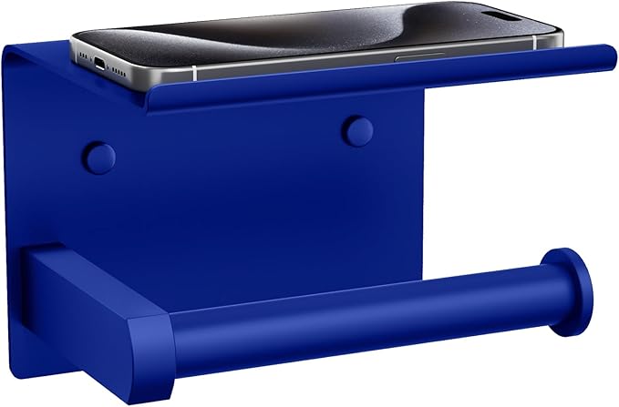 Tindbea Toilet Paper Holder with Shelf Adhesive or Screw Wall Mounted Toilet Paper Roll Dispenser Storage, Stainless Steel Bathroom Shelf Holder Accessories (Klein Blue)