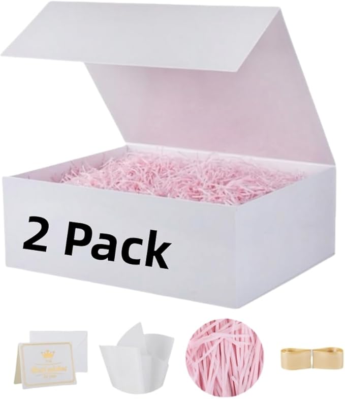 UoeRing 2 Pack White Gift Box Large 13.5x11.8x4.7 inch Luxury Gift Box for Presents with Magnetic Closure Lid Collapsible,Birthday,Christmas,Contains Card, Ribbon, Tissue Paper,Shredded Paper Filler