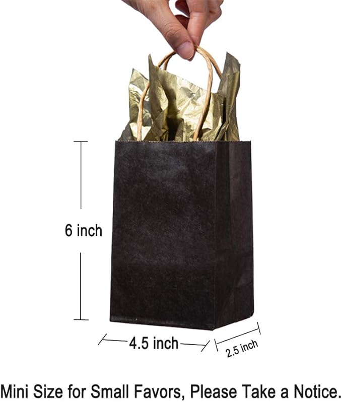 AWELL Mini Size Black Paper Bag With Handle for Party Favors, Wedding, Birthday, Baby Shower - 6x4.5x2.5 inch Recycled Bags, Pack of 24