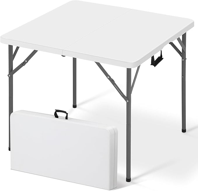 34" Square Folding Table, Portable Plastic Table No Assembly Needed, Fold-in-Half Design with Handle for Indoor Outdoor, Camping, Events, Banquets - White