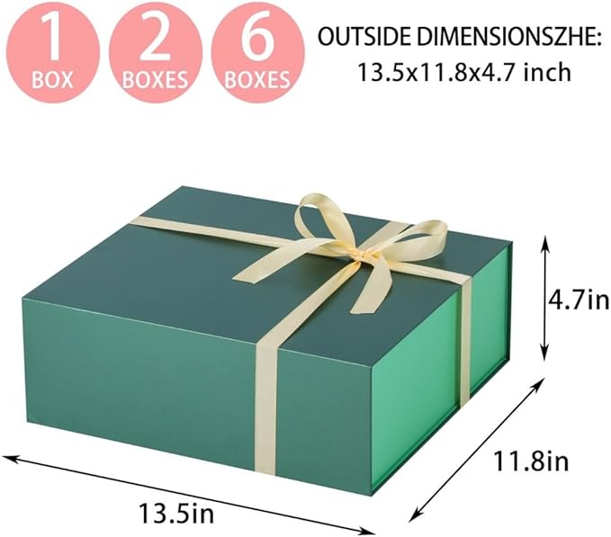 UoeRing 1 Pcs Green Gift Box Large 13.5x11.8x4.7 inch Luxury Gift Box for Presents with Magnetic Closure Lid Collapsible,Birthday,Christmas,Contains Card, Ribbon, Tissue Paper,Shredded Paper Filler