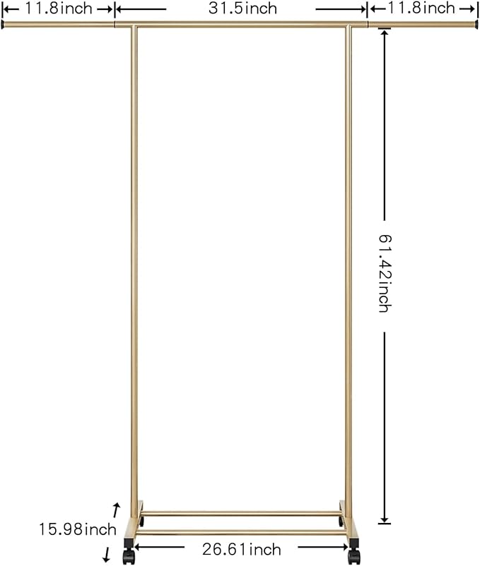 SUOERNUO Clothes Rack with Wheels Rolling Clothing Rack for Hanging Clothes, Portable Metal Garment Rack for Bedroom Laundry Living Room (Gold, 59.05"*15.75"*59.45")