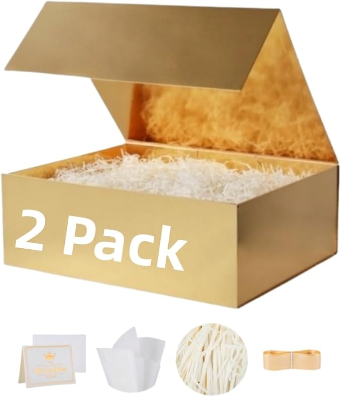 UoeRing 2 Pack Gold Gift Box Large 13.5x11.8x4.7 inch Luxury Gift Box for Presents with Magnetic Closure Lid Collapsible,Birthday,Contains Card, Ribbon, Tissue Paper,Shredded Paper Filler
