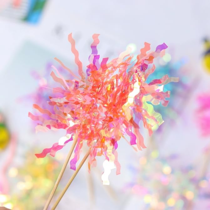 14PCS Foil Firework Cupcake Toppers, 7 Color Happy Birthday Cake Toppers, Sparkle Tinsel Flower Drink Stirrers Cocktail Food Fruit Toothpicks for Cake Decoration Party Supplies