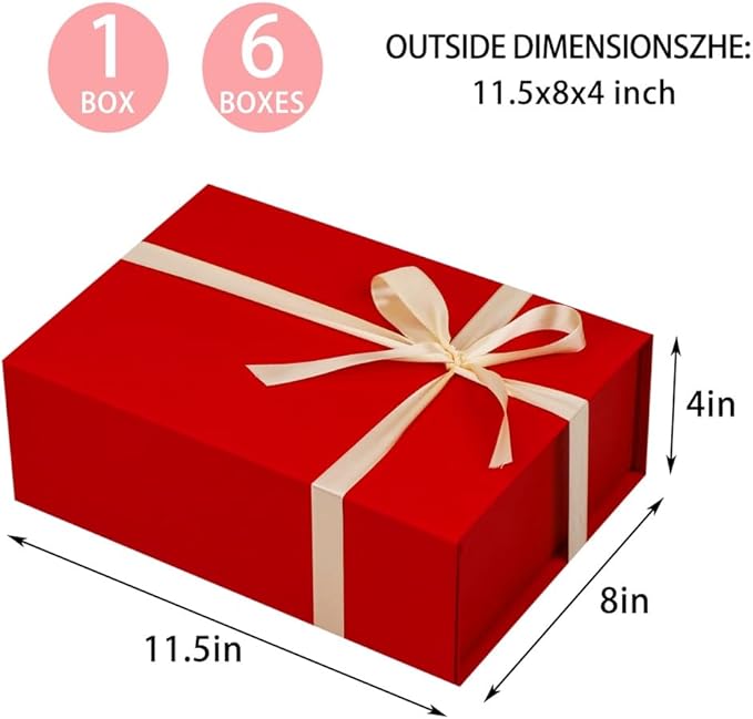 UoeRing 1 Pcs Red Gift Box 11.5x8x4 inch Luxury Gift Box for Presents with Magnetic Lid Collapsible,Valentine's Day,Christmas,Contains Card, Ribbon, Tissue Paper,Shredded Paper Fille