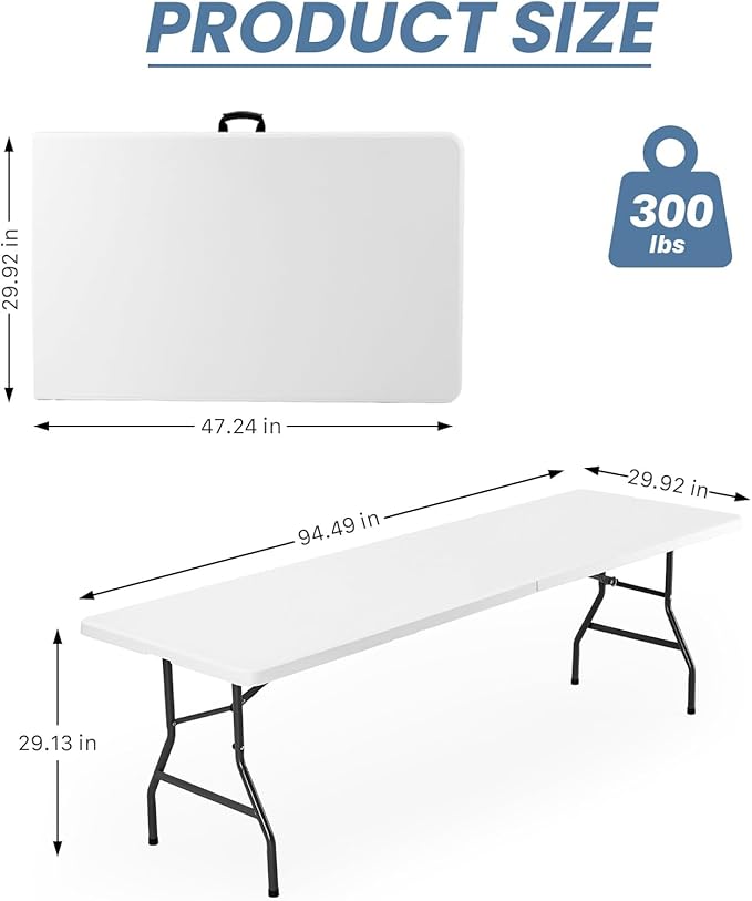 DUMOS 7.8 FT Folding Picnic Table Easy to Fold and Store, Foldable Table for Camping Picnic Dining Party Kitchen Outdoor Indoor with Carrying Handle