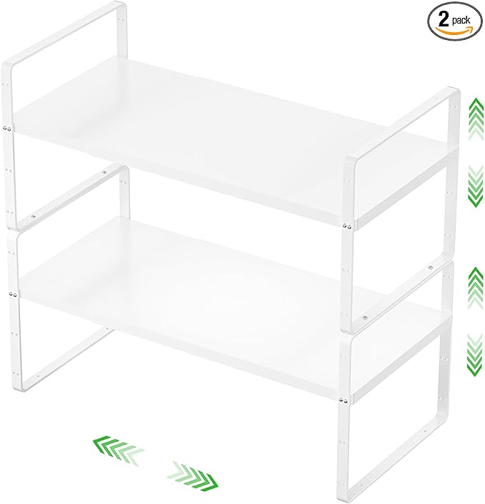Expandable Cabinet Storage Shelf Stackable Organizer Rack for Kitchen Bathroom Pantry Spice Cupboard Countertop Home Office Desk Heavy Duty Nonslip White Small 2 PACK
