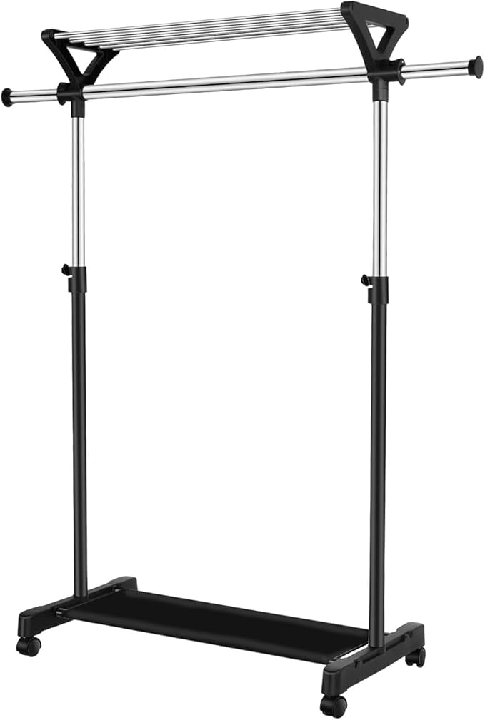 Clothes Rack on Wheels with Extra Top Storage Shelf, Expandable Rolling Garment Rack for Hanging Clothes, Heavy-duty Metal Stainless Steel Adjustable Organizer for Bedroom, Living Room