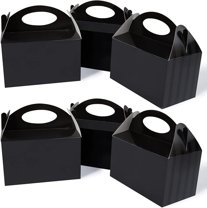 Happyhiram Black 50 CT 6 Inch Candy Boxes Party Favors Stripes Paper Cookie Gift Bags with Handles Gable Boxes Goodie Snack Bags for Graduation Birthday Party