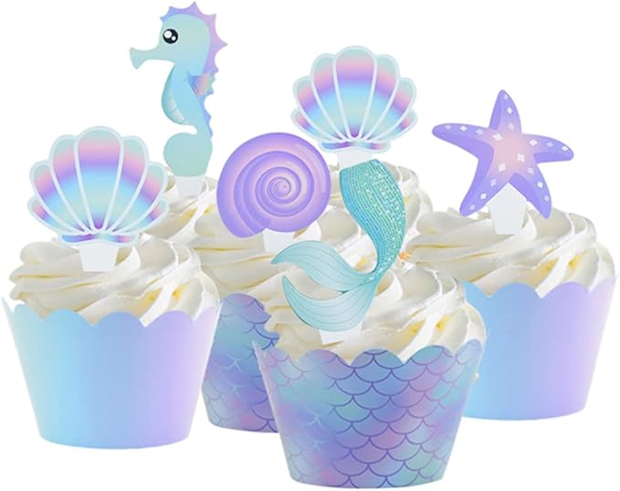 80 Pcs Mermaid Cupcake Wrappers Toppers, Include 40pcs Cake Topper and 40pcs Wrappers Double Side, Little Mermaid Theme Decoration Under The Sea Birthday Party Favor