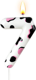 Number 7 Birthday Candle for Cake – Cow Print Design in White Black Pink – Farm Theme & Cowgirl Party Cake Topper Decoration