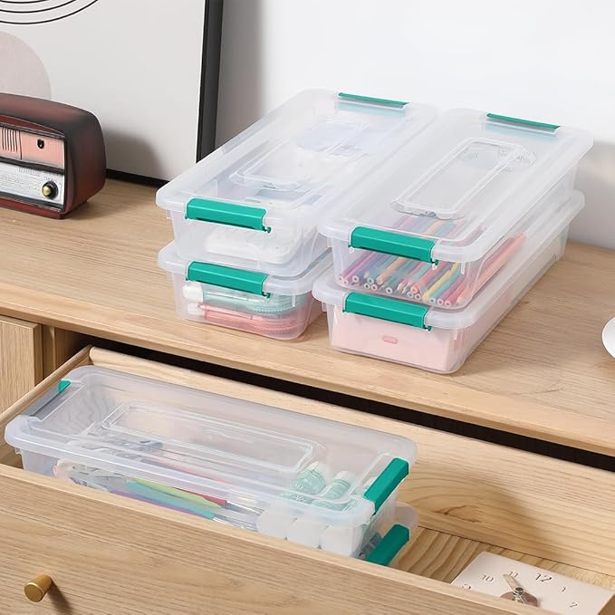 Plastic Storage Containers Clear Craft Storage Bins with Grey Handle,Organizer Box with Durable Lids Stackable Containers for Organizing Craft and Tools (8 Pack-4 Quart Green)