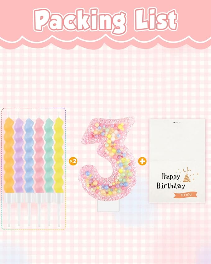 Birthday Candles for Cake, Macaron Number Candles, Cake Candles with Greeting Card for Birthday Party Wedding Anniversary Celebrations (3 Candle)