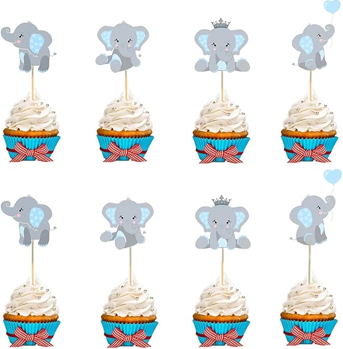 48pcs Blue Elephant Cupcake Toppers, Double Sided It is A Boy Elephant Cupcake Picks, Elephants Cake Cupcake Decorations for Elephants Theme Birthday Baby Shower Little Peanut Party Supplies