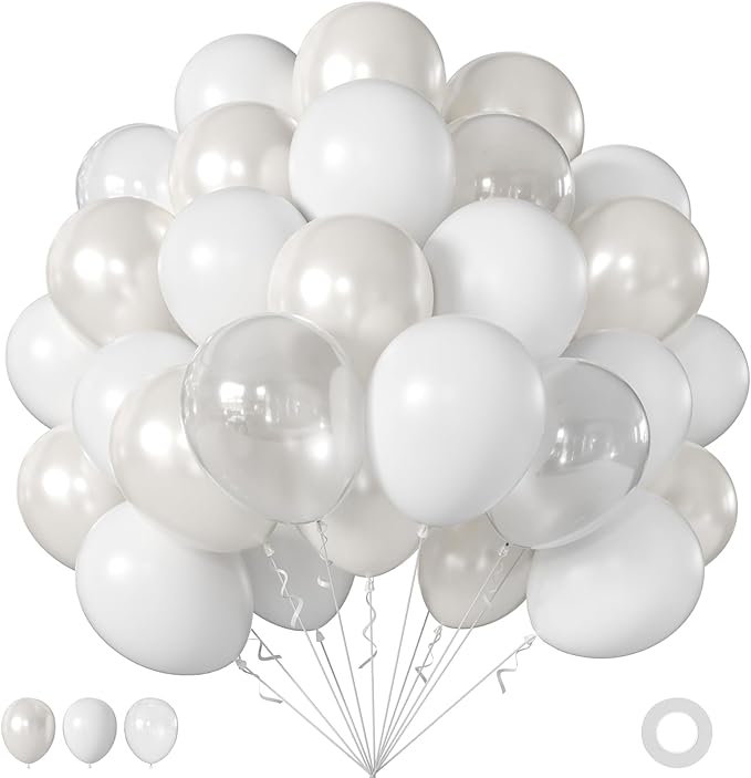 Pearl White Balloons, 60Pcs 12Inch Double Stuffed White Clear Balloons for Wedding Bridal Shower Baby Shower Engagement Birthday Party Decorations