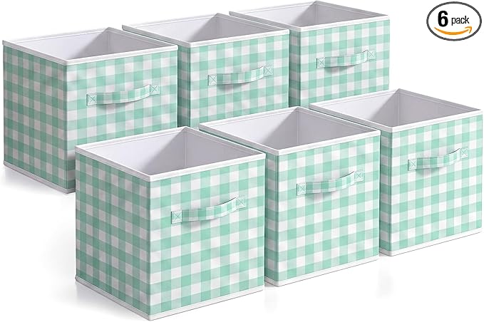 Yalikop 6 Pcs Green Checkered Cube Storage Bins, 11 Inch Fabric Gingham Classroom Storage Bins Organizer with Handle Preppy Collapsible Cubby Basket for Classroom Home Nursery Playroom Bedroom