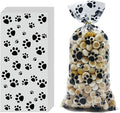 EatnMgan 200Pcs Dog Paw Print Cellophane Treat Bags,Cellophane Bags,Party Favor Gift Bags with 220Pcs Twist Ties for Pet-Themed Parties, Snacks, Candy, and Cookie Packaging (Black)