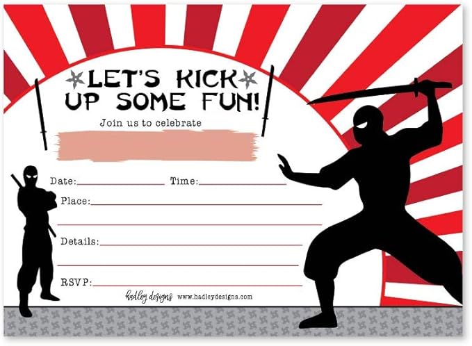Hadley Designs Kids Birthday Invitations For Boys Ninja Theme - 25 Ninja Birthday Party Invitations For Boys, Martial Arts Invites For Boy, Cute Karate Party Supplies, Made In USA