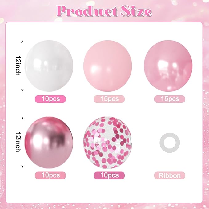 Pink Balloons, 60Pcs 12Inch Pink and White Balloons Include Macaron Pastel Metallic Pink White Confetti Balloons for Wedding Bridal Shower Baby Shower Birthday Party Decorations