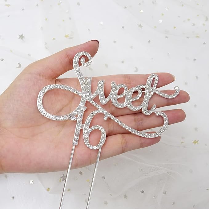 Honbay Sweet 16 Cake Topper Premium Sparkly Crystal Rhinestones Cake Topper Cake Decoration for 16th Birthday Party (Silver)