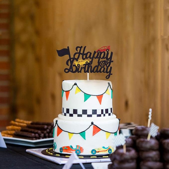 Marwey Race Car Cake Topper - Happy Birthday Cake Decor Chequered Flag Themed Party Supplies Decorations(Doubled-Sided)