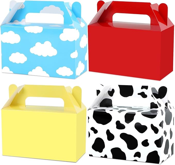 24Pcs Cartoon Story Birthday Party Favor Boxes for Toy Inspired Game Story Party Decorations Cow Print Sky Blue Cloud Treat Boxes Toy Party Goodies Boxes for Kids Baby Shower Party Supplies 5.9×5.9×3