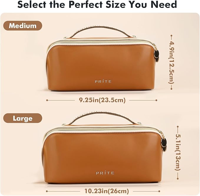 Prite Makeup Bag for Women Travel Waterproof Vegan Leather Cosmetic Bag Open Flat Toiletry Bag With Clear Divider and Handle (New Brown, Large)