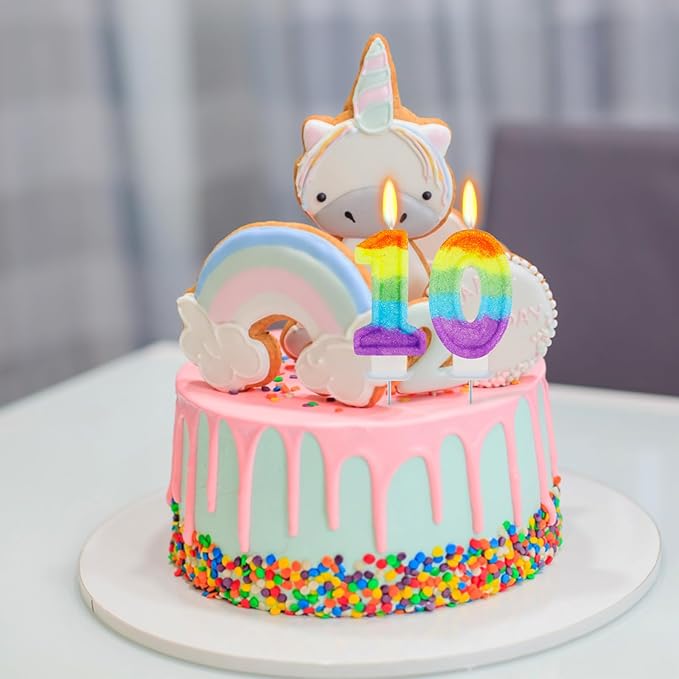 Rainbow Candles for Birthday Cakes, 10 Cake Topper, Rainbow Birthday Party Decorations, 10th Number Candle for Girls Boys (Number 10)