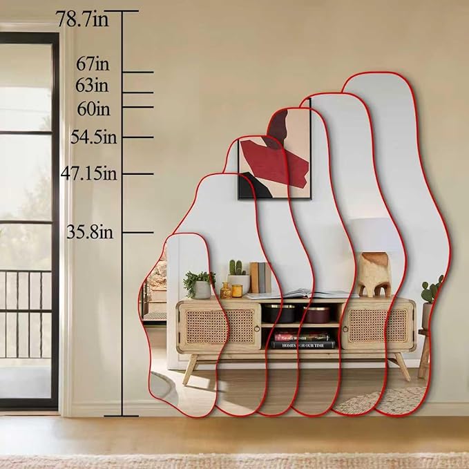 Large Irregular Mirror, 63"x30" Asymmetrical Tempered Glass Wall Mirror, Red Modern Organic Frameless Mirrors for Living Room Bedroom Hallway Entryway, Horizontal or Vertical Hanging