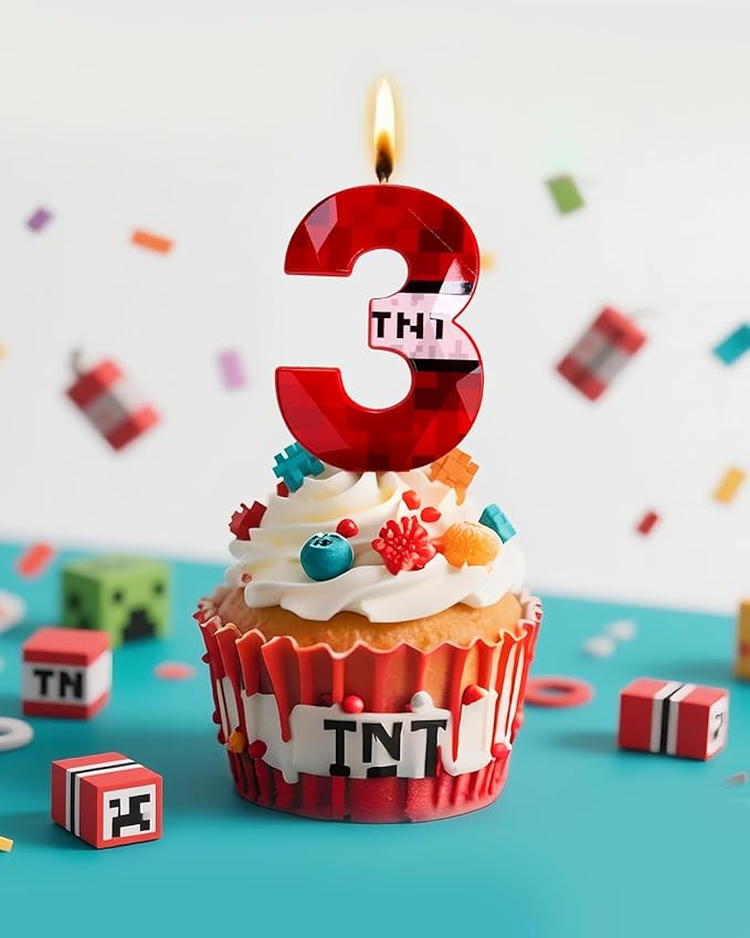 Pixel Birthday Candle, 2.68 Inch Miner Number Candles, Game Themed Candle Birthday Decoration for Pixel Theme Birthday Anniversary Dynamite Video Game Party (Red, 3)