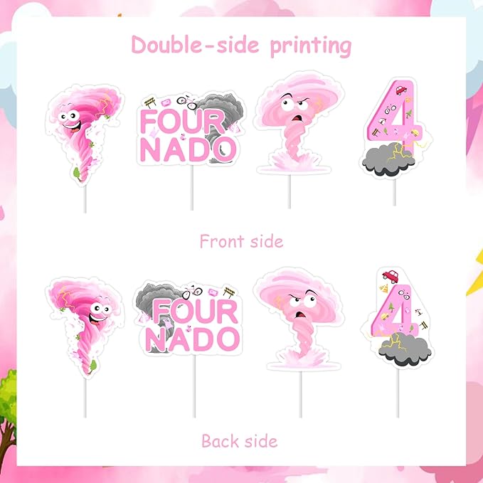 Cheereveal 36Pcs Fournado Birthday Cake Decorations, Tornado Cupcake Toppers, Pink Weather Storm Theme 4th Bday Baby Shower Cupcake Picks Party Supplies