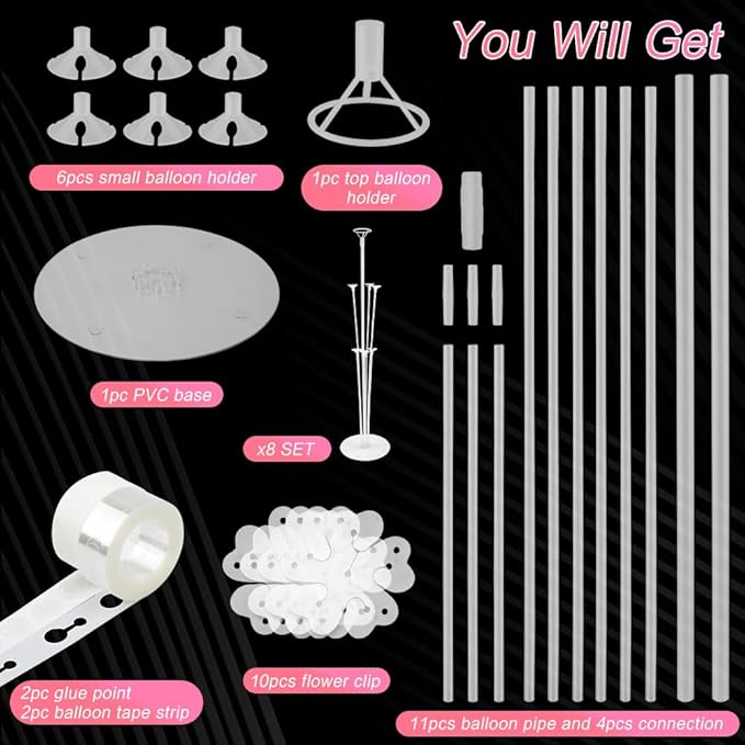 Balloon Stand kit 8 Sets 22 Pcs Balloon Stands for Table Decorations for Party Balloon Centerpieces for Tables Happy Birthday Table Decorations Balloon Holders for Table Tape Strip Glue Point Clips
