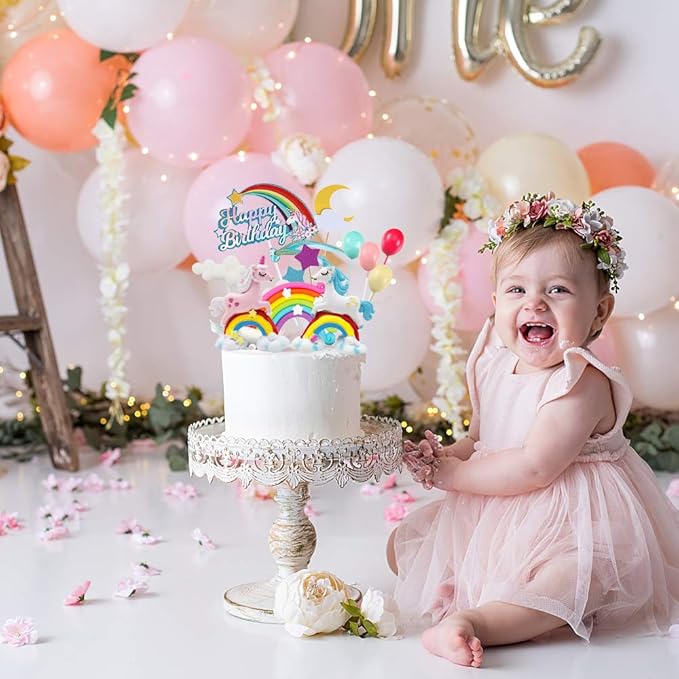 MOVINPE Unicorn Cake Topper, 2 Magic Unicorns Sculpture, 1 Rainbow, 1 Happy Birthday Banner, 2 Cloud, 4 Balloon, 12 Stars, 1 Moon, Cake Decoration For Girl Kid Women Birthday Party